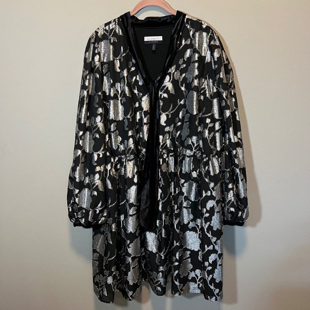 Eloquii Elements Silver Metallic Floral Jacquard Tie Neck Mini Dress Black 22